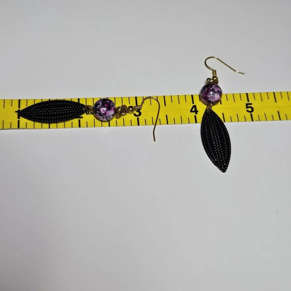 Gold Tone Purple Bead Black Metal Dangling Earrings